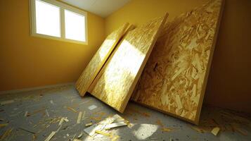 Bright Interior with Yellow Walls and Plywood Panels Leaning Against Wall in Construction Setting photo