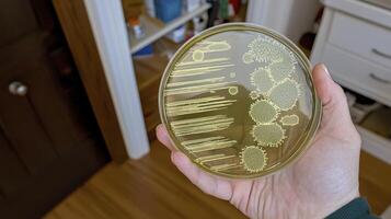 Hand Holding Petri Dish with Microbial Colonies in Laboratory Setting on Wooden Floor Background photo