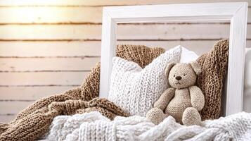 Cozy knitted blankets and teddy bear in a decorative frame with warm wooden background photo