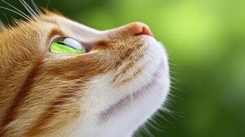 Close Up Orange Tabby Cat with Bright Green Eyes Looking Upward photo