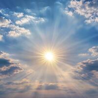 Bright Sunlight Breaking Through Clouds with Radiant Rays Illuminating the Sky at Sunrise or Sunset photo
