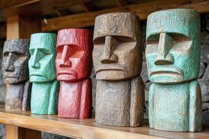 Colorful Wooden Statues Representing Traditional Cultural Art from the Pacific Islands on a Wooden Shelf photo
