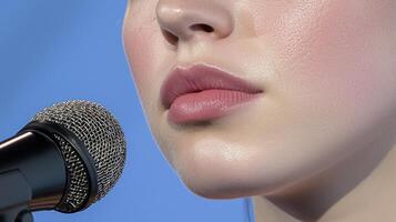 Close-Up of Female Singer's Lips Next to Microphone Against Blue Background in Bright Light photo