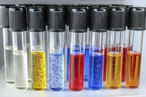 Colorful Laboratory Test Tubes with Fluids of Varying Shades and Bubbles Arranged on a Shelf for Scientific Experimentation photo