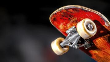 Close Up Red Brown Fingerboard with Off White Wheels Dark Background photo