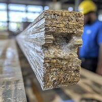 Close-Up View of Textured Wood Grain on a Lumber Board in Bright Workshop Environment photo