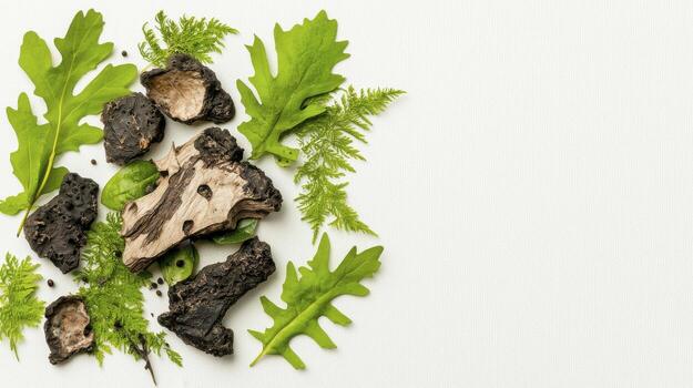 Natural Elements Arrangement with Green Leaves, Tree Bark, and Stones on Light Background for Eco-Friendly Design photo