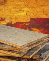 Stacked Plywood Sheets Against a Colorful Abstract Background of Yellow and Red Textures photo