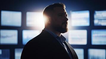 Serious Businessman Silhouette Against Data Screens photo