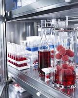Laboratory Workspace with Glassware and Red Solutions for Scientific Research and Experimentation photo