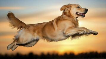 Golden Retriever Dog Leaps Joyfully at Sunset photo