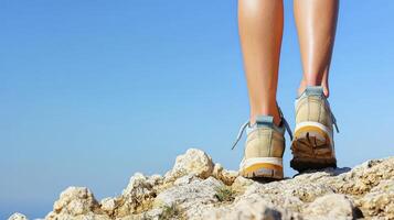 Woman's Legs in Beige Athletic Shoes on Rocky Summit Against a Blue Sky photo