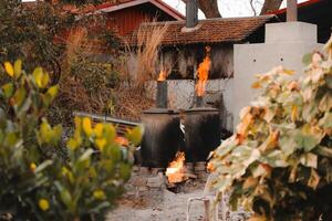 The Traditional Cooking Process utilizing Natural Flames and Surrounding Greenery for Food photo