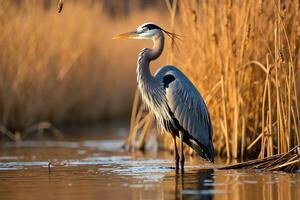 A heron standing in the water near tall reeds photo