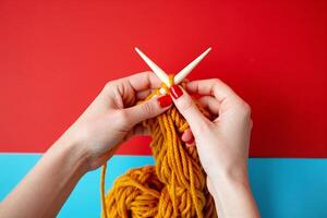 A person holding a pair of knitting needles and a ball of yarn photo