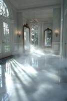 A stunning grand hall features soft smoke filled with light rays streaming through large windows and reflecting on a polished floor. Elegant mirrors enhance the captivating ambiance photo