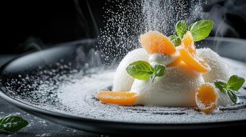 A dessert crafted from smooth cream is adorned with fresh apricot slices and mint leaves, all sprinkled with powdered sugar, creating a visually appealing treat photo