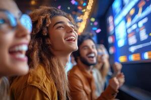 A group of friends is gathered at a lively venue, laughing and smiling as they enjoy a colorful celebration filled with music and happy vibes. Confetti fills the air photo