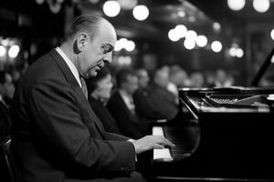 A talented pianist captivates the audience with a soulful performance in a jazz club, surrounded by listeners enjoying the rhythmic melodies in a warm atmosphere photo