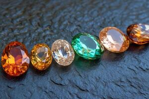 Vibrant gemstones in various shapes and colors are artistically arranged on a dark textured background, showcasing their brilliance and natural beauty under light photo