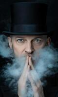 A performer wearing a top hat engages the audience with a captivating display of smoke. His intense gaze and crossed fingers create an atmosphere of mystery and enchantment photo