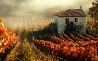 A rustic house sits amidst rows of vibrant red grapevines, with a soft fog enveloping the landscape. The autumn colors create a serene atmosphere in the countryside at dawn photo