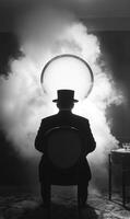 A mysterious figure sits in a chair, wearing a top hat, surrounded by swirling smoke. An illuminated crystal ball glows behind him, creating an enchanting atmosphere photo