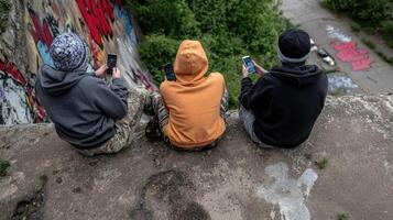 Three young individuals sit on the edge of a concrete ledge, focused on their smartphones in a lush green area with graffiti art. The river flows below them, adding to the atmosphere photo