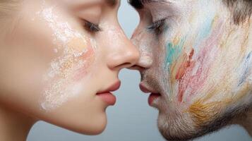 Two individuals are engaged in a close moment, showcasing vibrant face painting. Their expressions reflect a blend of creativity and connection, emphasizing the art on their skin photo