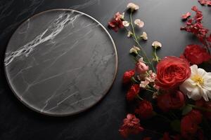 A beautifully arranged display features a marble-like plate set against a dark textured background, surrounded by vibrant red and pink flowers, creating a striking contrast and visual appeal photo