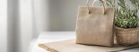A burlap bag is placed elegantly on a table next to a woven basket adorned with fresh greenery. Natural light highlights the textures, creating a warm atmosphere photo