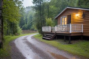 A charming cabin sits by a serene lake, illuminated by warm light. The path winds through vibrant greenery, evoking a peaceful atmosphere on a misty morning photo