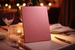 A beautifully arranged table displays a pink menu ready to be explored. Warm candlelight sets a romantic mood, complemented by fine dining ware photo