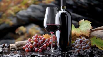 A wine glass filled with rich red wine is positioned next to a dark bottle, surrounded by clusters of fresh grapes and autumn foliage. The backdrop adds warmth to the scene photo