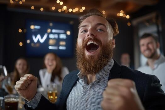 A cheerful man with a beard shouts in excitement while his friends celebrate beside him. The atmosphere is warm with soft lights and drinks on the table, creating a joyful environment photo