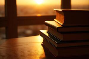 A stack of books on a table in front of a window photo