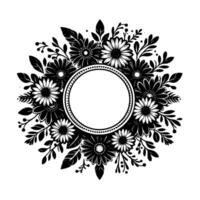 Intricate black and white floral wreath with daisies, leaves, and an elegant circular frame for text or elements, perfect for invitations. vector