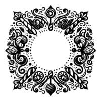 Intricate Black and White Floral Wreath Ornament with Ornate Swirls, Dots, and Decorative Elements in a Symmetrical . vector