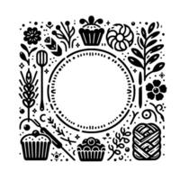 Decorative Black and White Square Border with Cupcakes, Floral Elements, and Utensils Framing a Central Blank Circle. vector