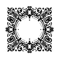 Intricate Black and White Ornamental Frame with a Central Circle, Featuring Swirls, Dotted Details, and Stylized Decorative Elements on a White Background. vector
