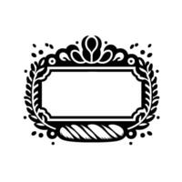 Ornate Black and White Oval Frame with Floral and Leafy Accents, a Rectangular Center, and Stylized Bottom Element on a White Background. vector