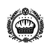 Monochromatic Bakery A detailed, circular emblem with a stylized loaf inside a wreath of wheat and a floral emblem above. vector
