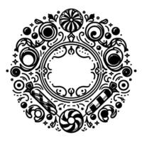 Ornate black and white symmetrical circular featuring stylized candy elements framing a central empty space, perfect for logos or embellishments. vector