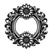 Ornate Black and White Circular Floral Frame Featuring Two Sunflowers and Decorative Scrollwork on a White Backdrop. vector