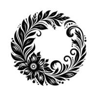 Intricate Black and White Floral Wreath with Leafy Elements and Swirls in a Circular Pattern, Isolated on White. vector