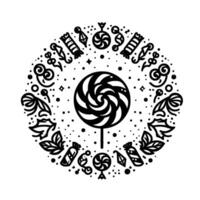 A minimalist black and white illustration of a lollipop at the center surrounded by candies and decorative elements in a circular . vector