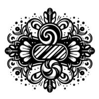 Intricate black and white ornamental illustration featuring stylized candy elements, swirls, floral designs and dots in symmetrical arrangement. vector