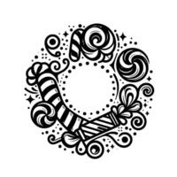 Whimsical Black and White Candy Wreath with Swirls and Stripes, Creating a Festive Circular with a Festive Feel. vector