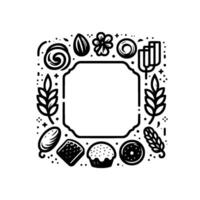 Elegant Monochrome Bakery Frame Wheat, Pastries, Floral Elements, And A Blank Center For Text On White Background. vector