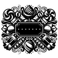 Intricate Black and White Illustration of a Decorative Border featuring Candies, Lollipops, and a Rectangular Centerpiece with Ornate Flourishes. vector